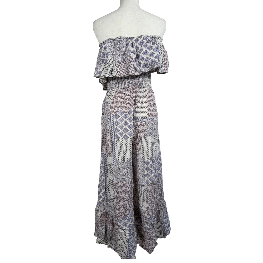 ILLA ILLA Patchwork Jumpsuit Womens L Blue Boho Off Shoulder Wide Leg Rayon - Picture 2 of 13